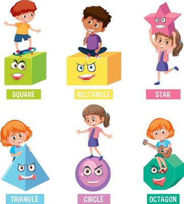 Children character holding geometry shapes