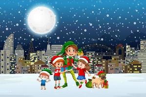 noche de invierno nevada con duende navideño y amigos vector