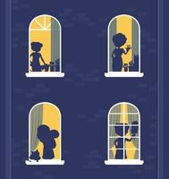 Night windows building with people silhouettes vector