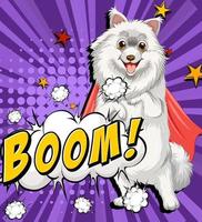 White dog with red cape on poster with purple background vector