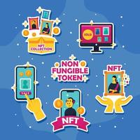 NFT Flat Cartoon Sticker Set vector