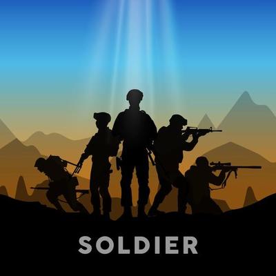 Silhouette of military soldier or officer with weapons at colorful sky and mountain in background. Army military soldier Sunset vector.