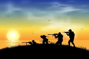 tiro de silueta de soldado sosteniendo un arma con fondo de puesta de sol. silueta de soldado con un arma sobre un fondo de puesta de sol. soldados de silueta luchando en la ilustración de vector de guerra.