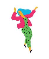 Cheerful dancing girl in a pink jacket. Vector. Illustration of a laughing young woman. Character for the dance studio. Flat style. Company logo. Positive happy person. vector