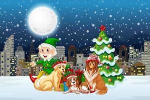 Snowy winter night with Christmas elf and dogs vector