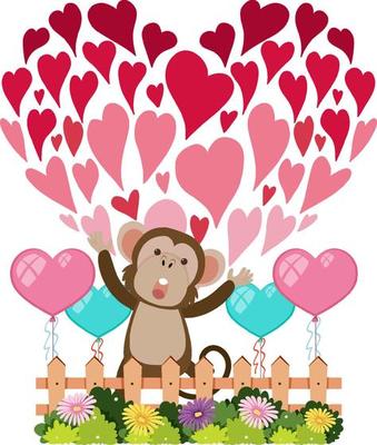 Valentine theme with a monkey and heart icons in cartoon style