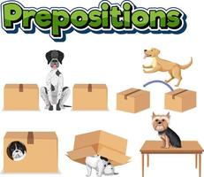 wordcard de preposición con perro y caja vector