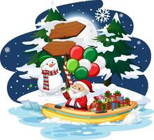 Snowy night with Santa Claus on a boat and snowman