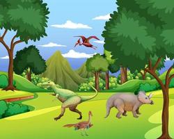 dinosaurio en la escena del bosque prehistórico vector