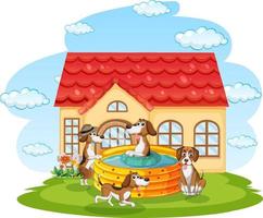 Many dogs playing outside the doghouse vector