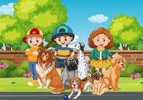 Children playing with their animals at the park vector