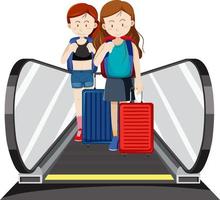 Front view of two travellers on moving walkway vector