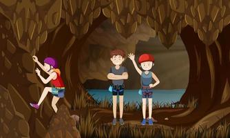 Rock climbing scene with many people in cave vector