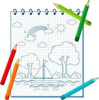 un cuaderno con un dibujo de garabato y lápices de colores vector