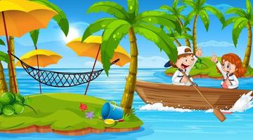 Beach scenery with children in wooden boat vector