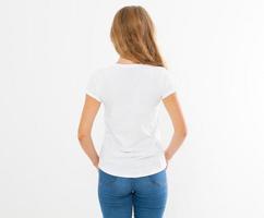 back view woman in white t-shirt mock up isolated, t shirt female, blank tshirt photo