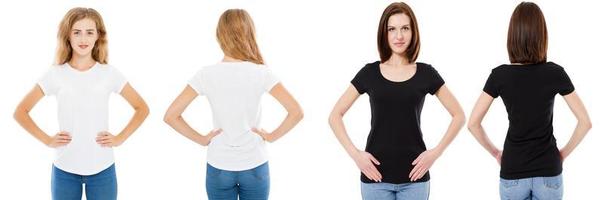 T-shirt set. Front and back view Brunette and Blonde in white and black t shirt isolated. Two girl in blank shirt, Mock up, Collage, Copy space, Template photo