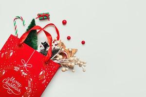 Merry Christmas.Christmas bag with christmas ornament and copy space. Christmas concept background photo