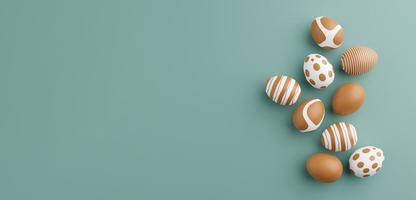 Golden easter eggs with gold pattern on a green background. 3d render illustration. Easter composition. Gold eggs on green 3d rendering photo
