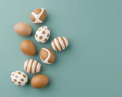 Golden easter eggs with gold pattern on a green background. 3d render illustration. Easter composition. Gold eggs on green 3d rendering photo