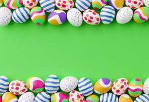 Bunch of colorful eggs on a green Easter background 3D Rendering. Pile of birght and colorful Easter Eggs - 3d render. Easter concept composition frame border photo