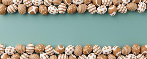 Golden easter eggs with gold pattern on a green background. 3d render illustration. Easter composition. Gold eggs on green 3d rendering photo