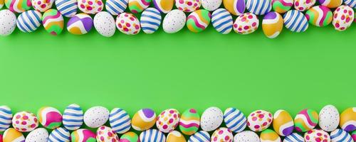Bunch of colorful eggs on a green Easter background 3D Rendering. Pile of birght and colorful Easter Eggs - 3d render. Easter concept composition frame border photo