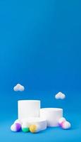 Easter egg with empty podium 3d render illustration on blue background with cloud. happy easter day concept. minimal scene with pedestal and egg. photo