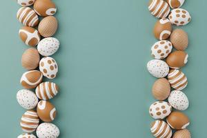 Golden easter eggs with gold pattern on a green background. 3d render illustration. Easter composition. Gold eggs on green 3d rendering photo