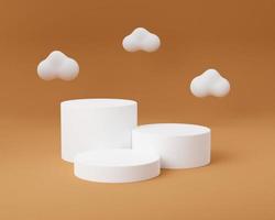Three empty pedestal with cloud on brown background - 3d render. 3D white podium display with clouds. Sky and heaven concept for product promotion with copy space. photo