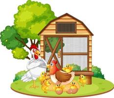 An isolated scene with a group of chickens in cartoon style vector