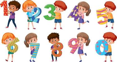 Set of different children holding the numbers isolated on white background vector