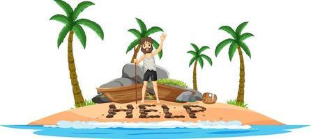 Deserted island with broken boat lying on the beach with help sign vector