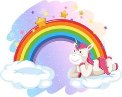 Pink unicorn lying on a cloud with rainbow vector