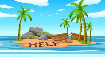 Deserted island with broken boat lying on the beach vector