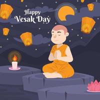 Buddhist Monk Meditating to Celebrate Vesak at Night