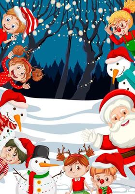 Christmas frame with happy children and Santa Claus