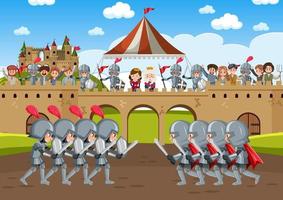 escena medieval con carácter de realeza y caballeros de armadura vector
