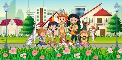 Outdoor scene with children and their dogs vector