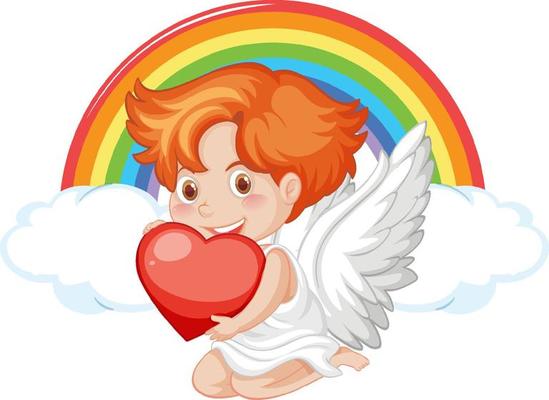 Angel boy holding red heart on rainbow background