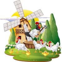 An isolated scene with a group of chickens in cartoon style vector