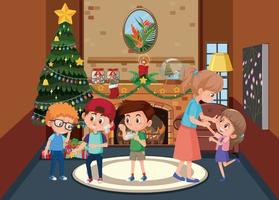 Living room decorated for christmas with family members vector