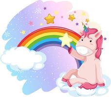 Pink unicorn sitting on a cloud with rainbow vector