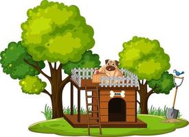 Dog and doghouse made of wood in the park vector