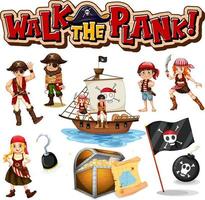 Set of pirate cartoon characters and objects vector