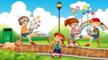 Park scene with children using technology devices vector