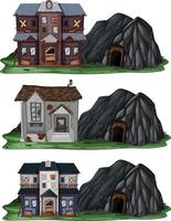 Set of different abandoned houses with rock cave vector