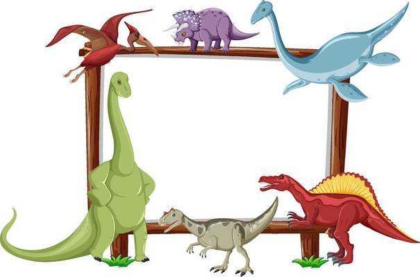 Group of dinosaurs around board on white background