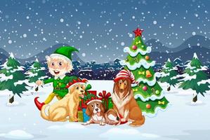 Snowy night scene with Christmas cartoon characters vector