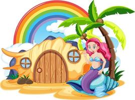 Shell house on island with mermaid vector